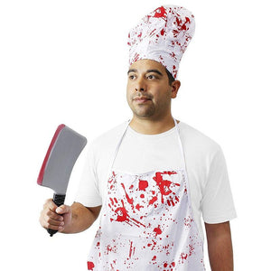 Halloween Bloody Butcher Costume - 3-Set Killer Dress Up, Apron Chef Hat Fake Cleaver, Unisex White