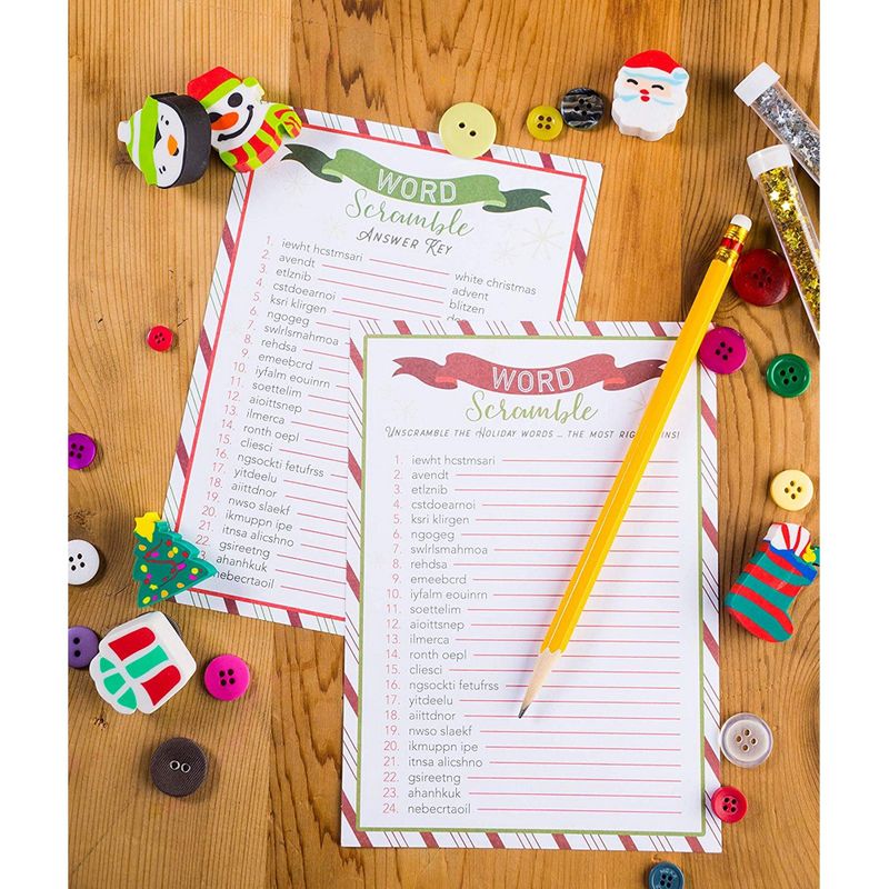 Juvale Christmas Word Scramble Game for Holiday Parties, Kid's Game (5 x 7 in, 50 Pack)