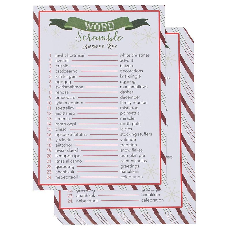 Juvale Christmas Word Scramble Game for Holiday Parties, Kid's Game (5 x 7 in, 50 Pack)