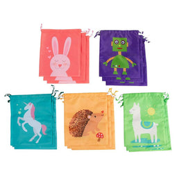 Drawstring Bags - 15-Pack Party Favor Bag for Kids Birthday, Baby Shower - Giveaway Gift Bag, Goodie Bag, Treat Bags Party Supplies - 5 Designs, Unicorn, Hedgehog, Bunny, Robot, Llama, 10 x 12 Inches
