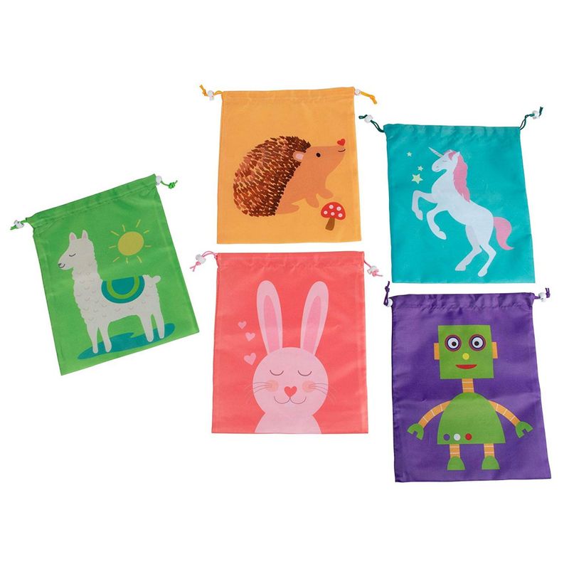 Drawstring Bags - 15-Pack Party Favor Bag for Kids Birthday, Baby Shower - Giveaway Gift Bag, Goodie Bag, Treat Bags Party Supplies - 5 Designs, Unicorn, Hedgehog, Bunny, Robot, Llama, 10 x 12 Inches