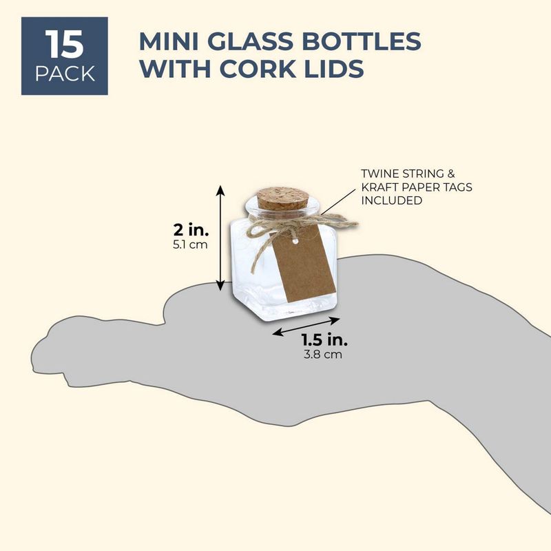 Clear Glass Bottles with Cork Lids- 15-Pack of Mini Transparent Squared Jars with Stoppers for Vintage Wedding Decoration, DIY, Home, Party Favors, 1.7-Ounce