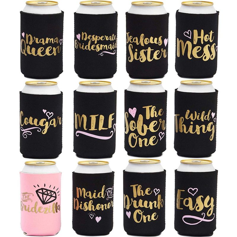 Bachelorette Can Sleeves for Cold Drinks, Party Favors (12 Designs, 12 Pack)