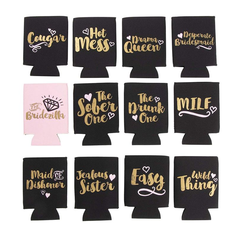 Bachelorette Can Sleeves for Cold Drinks, Party Favors (12 Designs, 12 Pack)