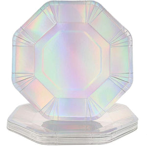 Paper Plate Set, Holographic Silver (9 In, 24-Pack)