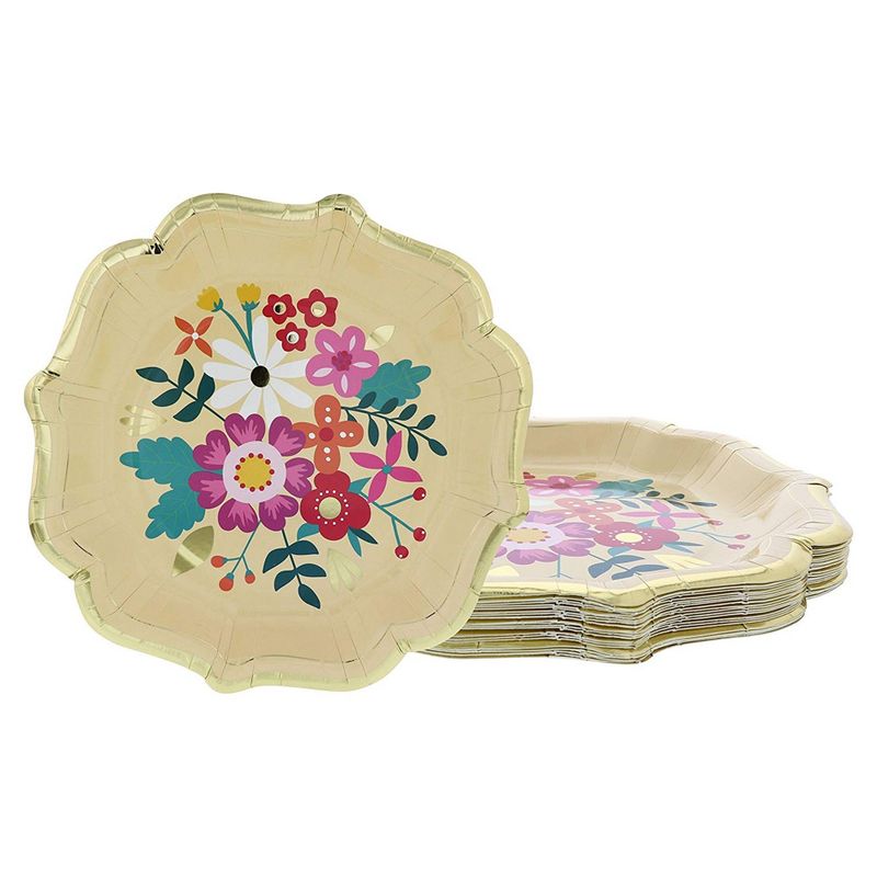 Disposable Plates - 24-Count Paper Plates, Vintage Floral Party Supplies for Appetizer, Lunch, Dinner, and Dessert, Bridal Showers, Weddings, Gold Foil Scalloped Edge Design, 9.2 x 9.2 inches