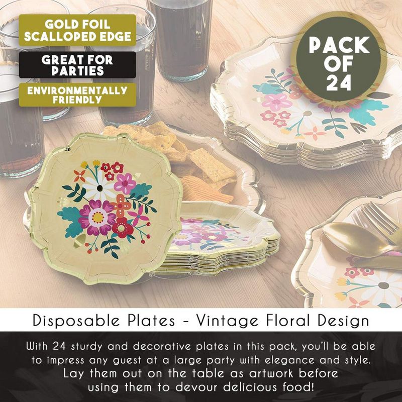 Disposable Plates - 24-Count Paper Plates, Vintage Floral Party Supplies for Appetizer, Lunch, Dinner, and Dessert, Bridal Showers, Weddings, Gold Foil Scalloped Edge Design, 9.2 x 9.2 inches