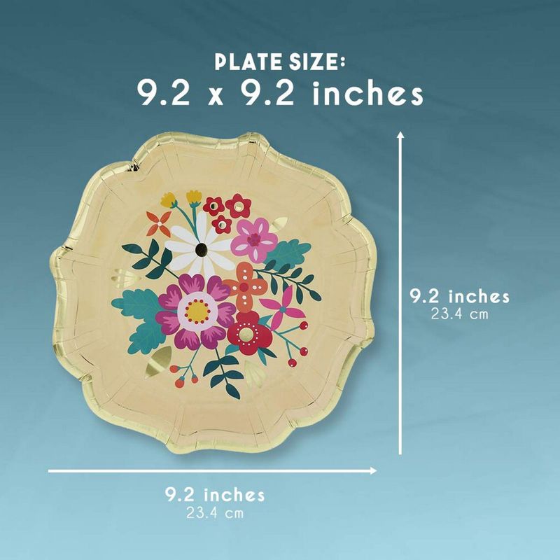 Disposable Plates - 24-Count Paper Plates, Vintage Floral Party Supplies for Appetizer, Lunch, Dinner, and Dessert, Bridal Showers, Weddings, Gold Foil Scalloped Edge Design, 9.2 x 9.2 inches