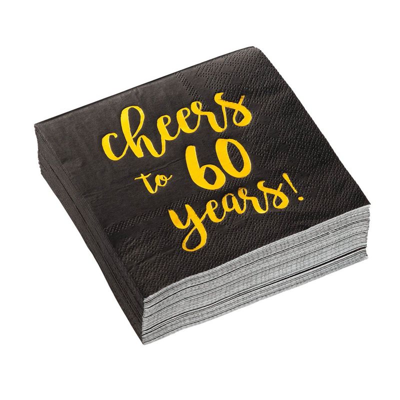 Gold Foil Cheers to 60 Years Black Cocktail Paper Napkins (5 x 5 In, 50 Pack)