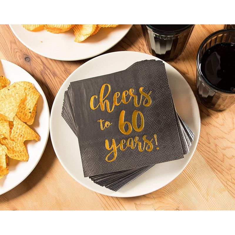 Gold Foil Cheers to 60 Years Black Cocktail Paper Napkins (5 x 5 In, 50 Pack)