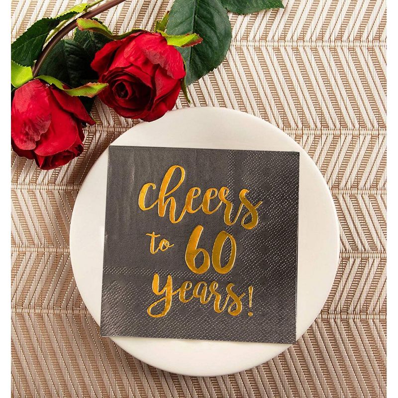 Gold Foil Cheers to 60 Years Black Cocktail Paper Napkins (5 x 5 In, 50 Pack)