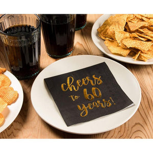 Gold Foil Cheers to 60 Years Black Cocktail Paper Napkins (5 x 5 In, 50 Pack)