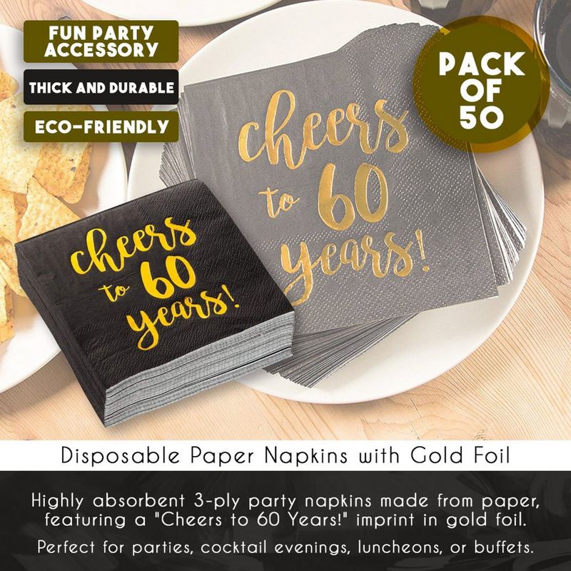 Gold Foil Cheers to 60 Years Black Cocktail Paper Napkins (5 x 5 In, 50 Pack)