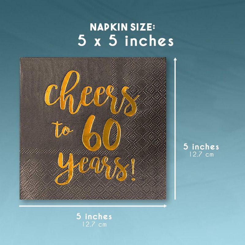 Gold Foil Cheers to 60 Years Black Cocktail Paper Napkins (5 x 5 In, 50 Pack)