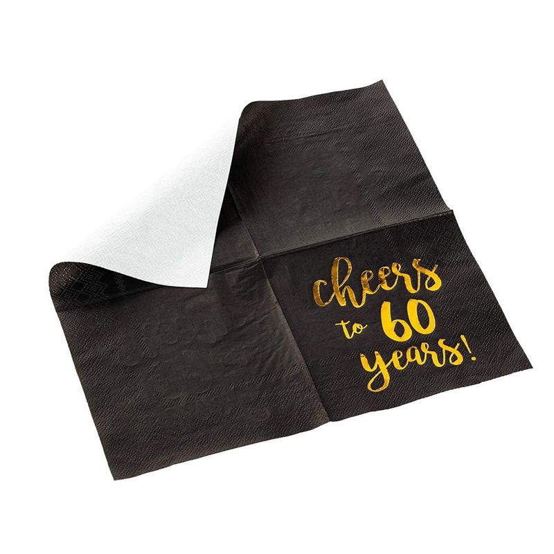 Gold Foil Cheers to 60 Years Black Cocktail Paper Napkins (5 x 5 In, 50 Pack)