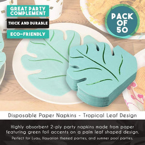 Green Leaf Shape Paper Napkins for Hawaiian Luau Party (6.4 x 6.2 In, 50 Pack)