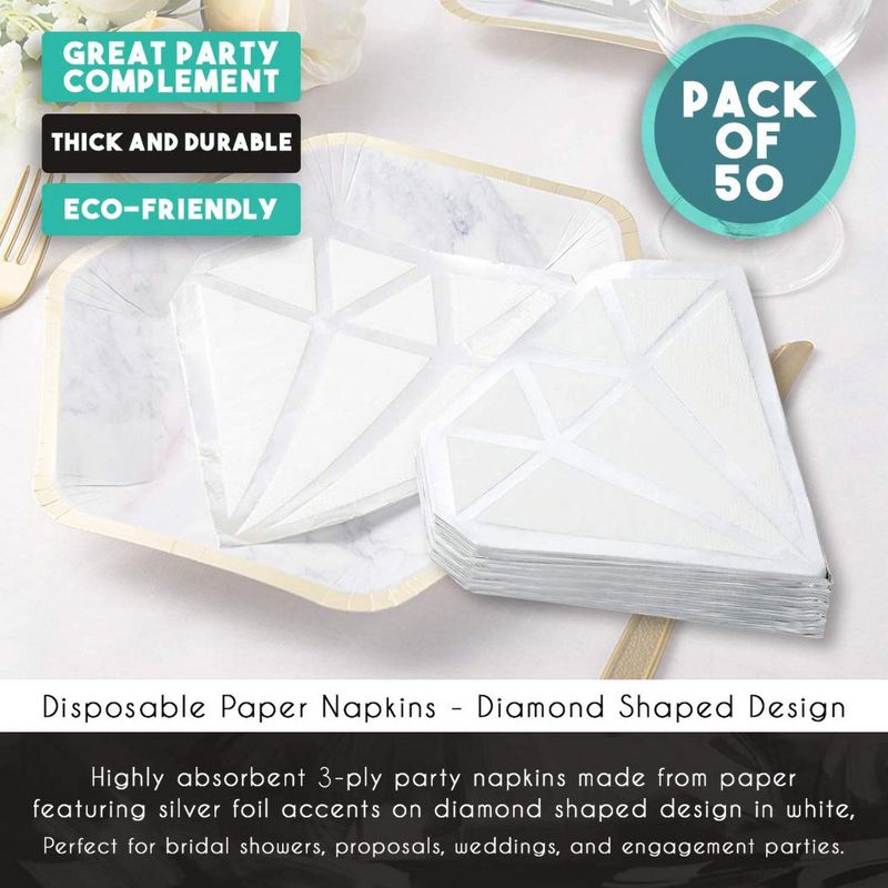 Silver Foil Diamond Die Cut Paper Party Napkins (6.2 x 6.2 Inches, 50 Pack)