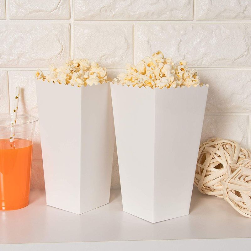 Set of 100 Popcorn Favor Boxes - 46oz Paper Popcorn Containers, Popcorn Party Supplies for Movie Nights, Carnival Parties, Baby Showers and Bridal Showers, White, 7.7 x 3.7 x 3.7 Inches