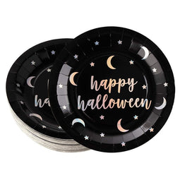 Holographic Happy Halloween Paper Plates for Party (9 In, Black, 48 Pack)