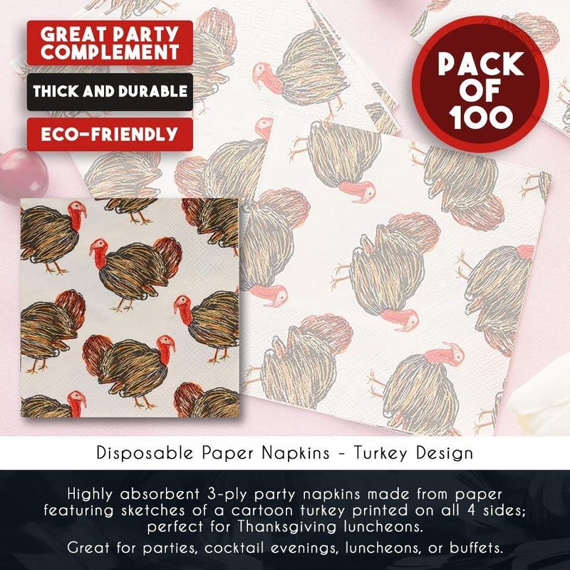 Thanksgiving Turkey Paper Napkins for Autumn Party (5.5 x 5.5 In, 100 Pack)