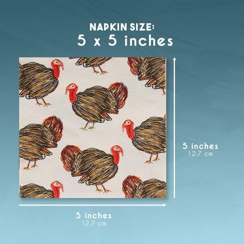 Thanksgiving Turkey Paper Napkins for Autumn Party (5.5 x 5.5 In, 100 Pack)