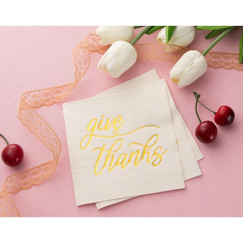 Give Thanks White Paper Napkins for Thanksgiving Party (5 x 5 In, 50 Pack)