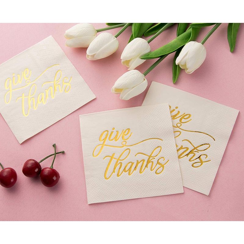 Give Thanks White Paper Napkins for Thanksgiving Party (5 x 5 In, 50 Pack)