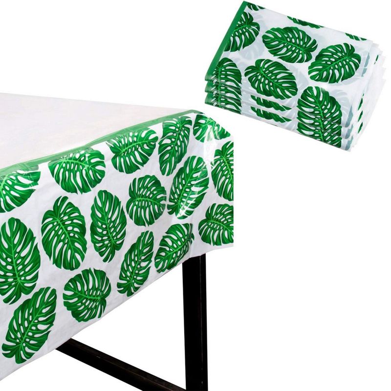 Tropical Leaf Tablecloths for Hawaiian Luau, Safari Birthday Party Baby Shower (3 Pack, 54 x 108 in)