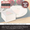 100 Pack Happy Birthday Napkins, 3-ply Gold Foil Disposable Cocktail Paper Napkins, Folded 5 x 5 Inches, Pink and White Cake Design