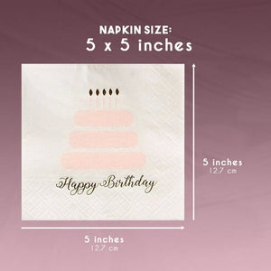 100 Pack Happy Birthday Napkins, 3-ply Gold Foil Disposable Cocktail Paper Napkins, Folded 5 x 5 Inches, Pink and White Cake Design