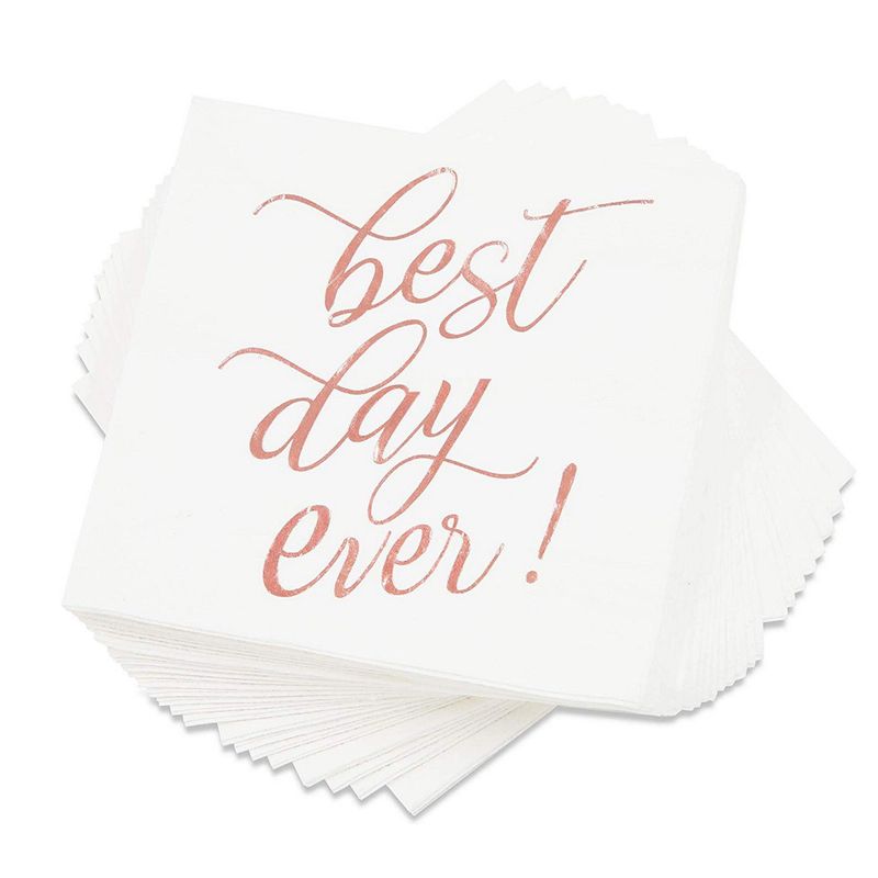 White Paper Napkins for Weddings, Best Day Ever (5 In, Rose Gold Foil, 50 Pack)