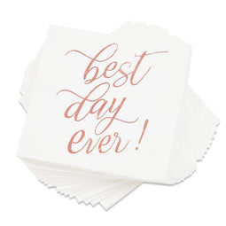 White Paper Napkins for Weddings, Best Day Ever (5 In, Rose Gold Foil, 50 Pack)