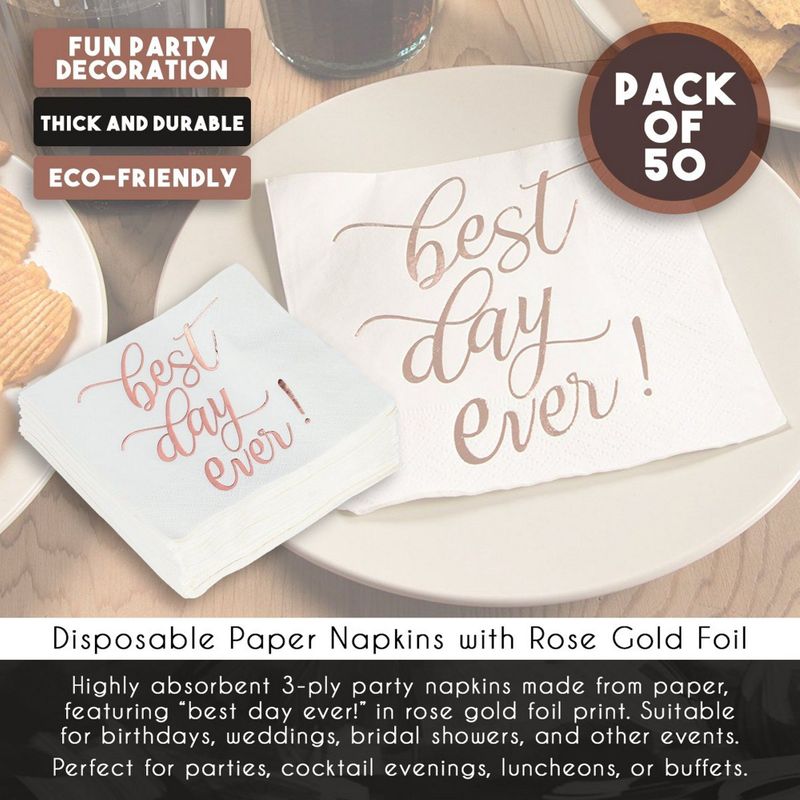 White Paper Napkins for Weddings, Best Day Ever (5 In, Rose Gold Foil, 50 Pack)