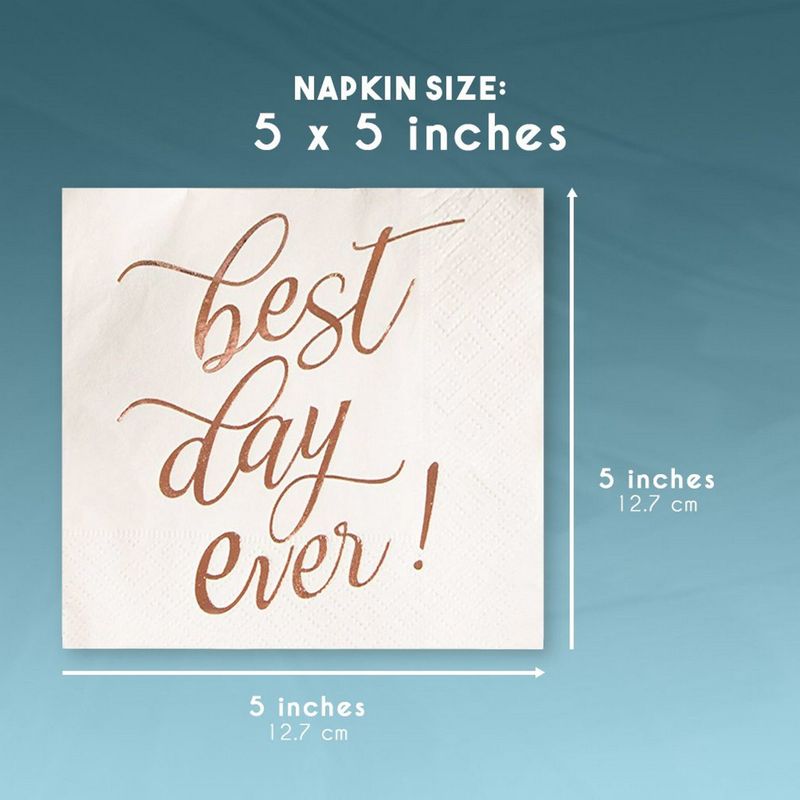 White Paper Napkins for Weddings, Best Day Ever (5 In, Rose Gold Foil, 50 Pack)