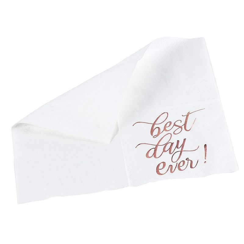 White Paper Napkins for Weddings, Best Day Ever (5 In, Rose Gold Foil, 50 Pack)