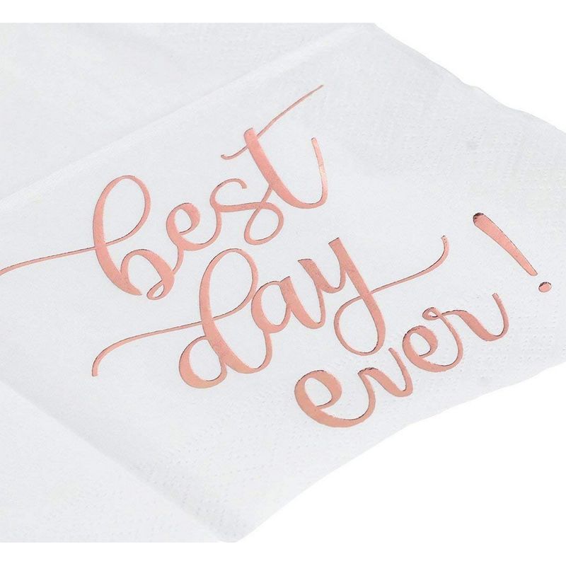 White Paper Napkins for Weddings, Best Day Ever (5 In, Rose Gold Foil, 50 Pack)