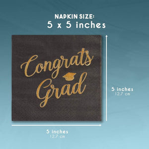 2021 Graduation Party Napkins, Black and Gold Decorations (5 x 5 In, 50 Pack)