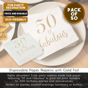 50 and Fabulous Party Supplies, White Paper Napkins (5 x 5 In, Gold Foil, 50 Pack)