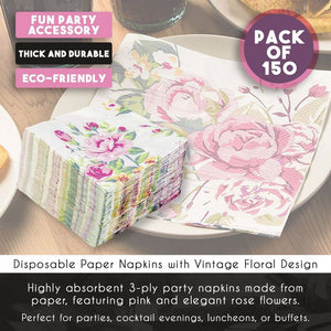 Vintage Floral Party Supplies, White Paper Napkins (6.5 x 6.5 In, 150 Pack)