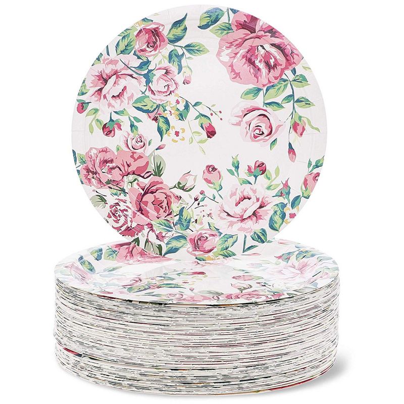 Blue Panda 80-Count Vintage Floral 9 Inch Paper Plates for Tea Party, Bridal and Baby Showers