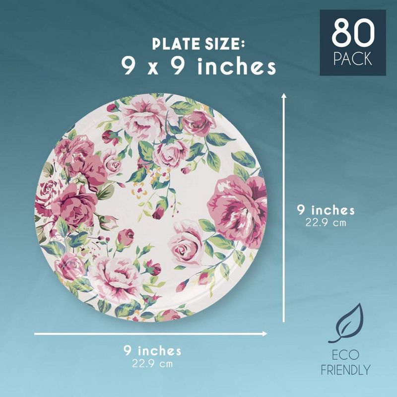 Blue Panda 80-Count Vintage Floral 9 Inch Paper Plates for Tea Party, Bridal and Baby Showers