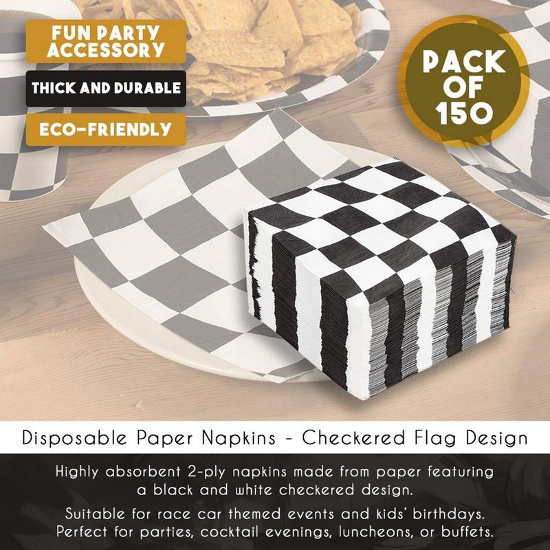 Checkered Flag Paper Napkins for Race Car Birthday Party (6.5 x 6.5 In, 150 Pack)