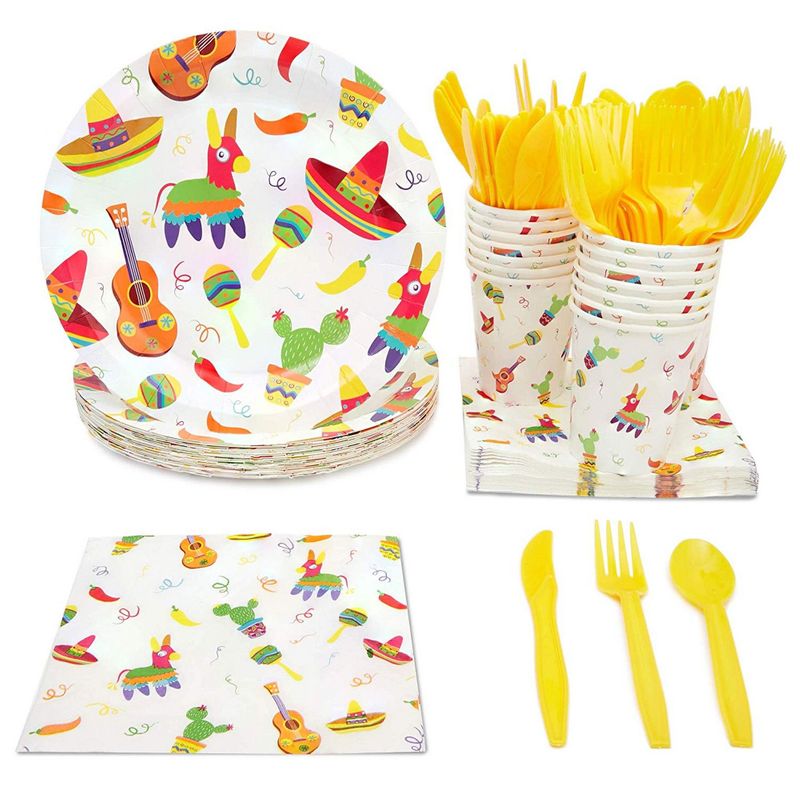 Fiesta Party Supplies, Paper Plates, Plastic Cutlery, Cups, and Napkins (Serves 24, 144 Pieces)