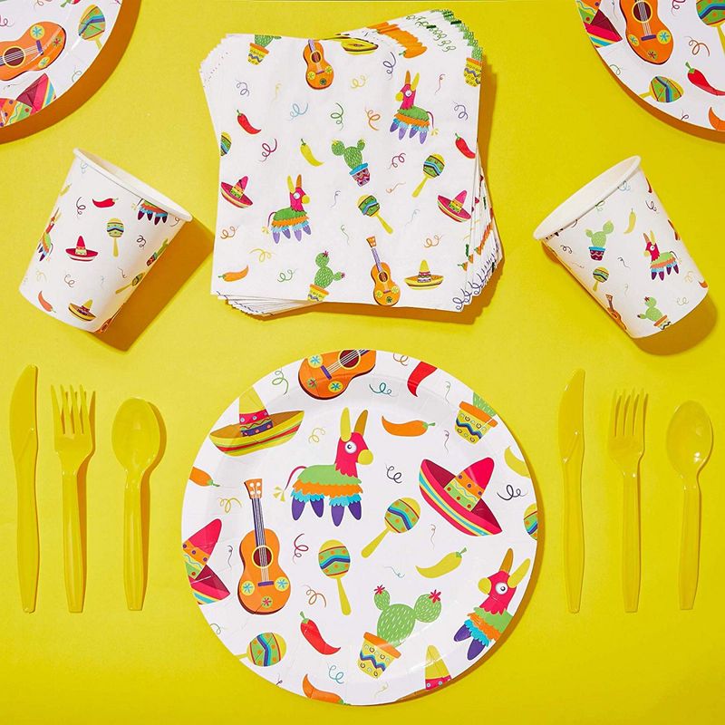 Fiesta Party Supplies, Paper Plates, Plastic Cutlery, Cups, and Napkins (Serves 24, 144 Pieces)