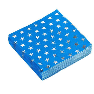 Blue Napkins for 4th of July Party, Patriotic Silver Star Design (5 In, 50 Pack)