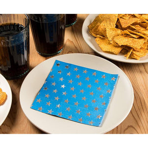 Blue Napkins for 4th of July Party, Patriotic Silver Star Design (5 In, 50 Pack)