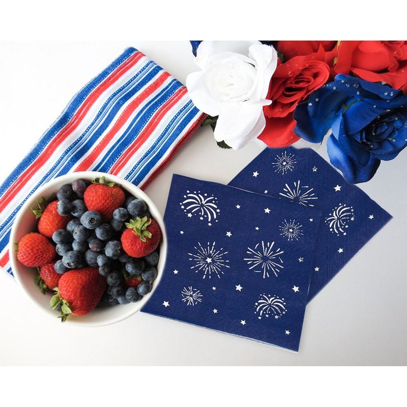Blue Napkins for 4th of July Party, Patriotic Silver Firework Design (5 In, 50 Pack)