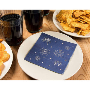 Blue Napkins for 4th of July Party, Patriotic Silver Firework Design (5 In, 50 Pack)