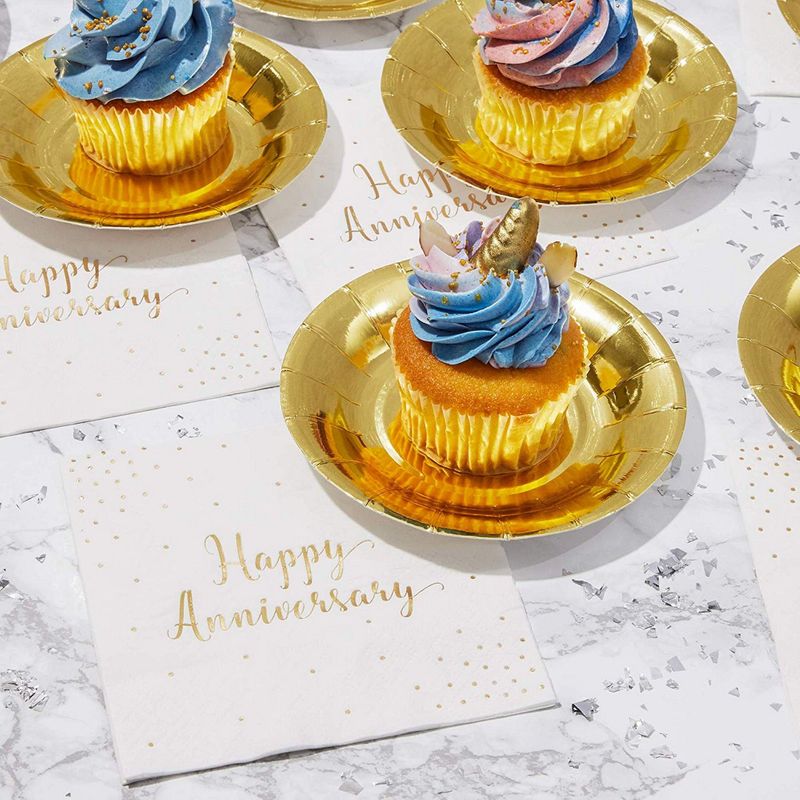 50-Pack Cocktail Napkins - Happy Anniversary Printed in Gold Foil Confetti - Disposable Paper Party Napkins - Perfect for Anniversary Celebrations - 5 x 5 inches Folded