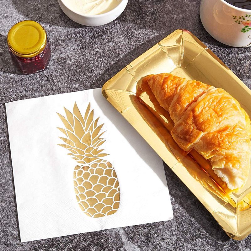 Gold Foil Pineapple Paper Napkins for Birthday Party (6.5 x 6.5 In, 50 Pack)